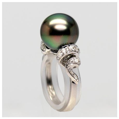 Bague or blanc stylée 2 époques - Perle Tahiti émeraude rosée, Diamants