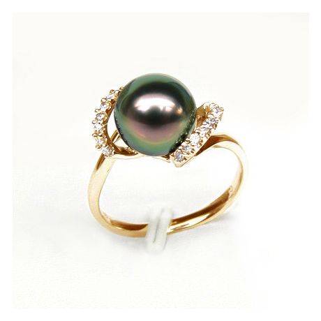 Bague Marion - Perle Tahiti paon aubergine - Or jaune, diamants