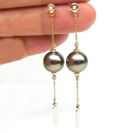 Boucles oreilles perles de Tahiti - Chaine gourmette - Or jaune, diamants