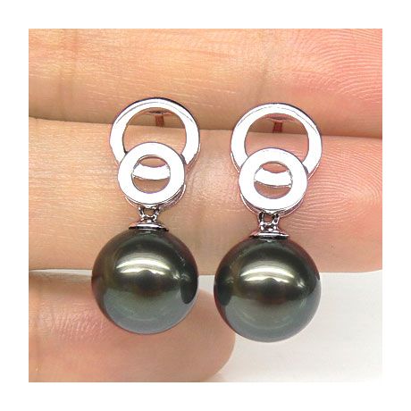 Boucles oreilles anneaux - Perles de Tahiti noires - Or blanc, Diamants