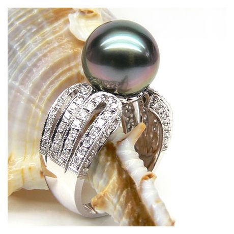 Bague de joaillerie - Luxe - Perle de Tahiti - Or blanc, diamants