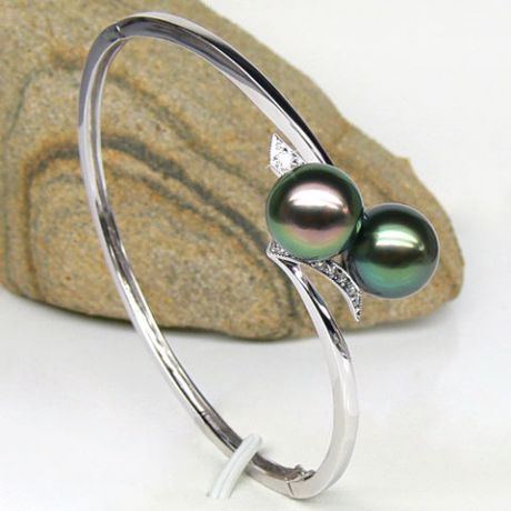 Bracelet jonc or blanc diamants - Perles Tahiti tons paons aubergines