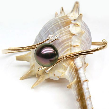 Bracelet jonc or jaune - Perle de Tahiti noire - 11/11.5mm, Top GEMME
