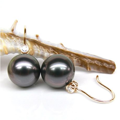 Boucles oreilles crochets - Perles de Tahiti - Or jaune, diamant