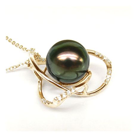 Pendentif lotus - 3 pétales - Perle de Tahiti - Or jaune, diamants