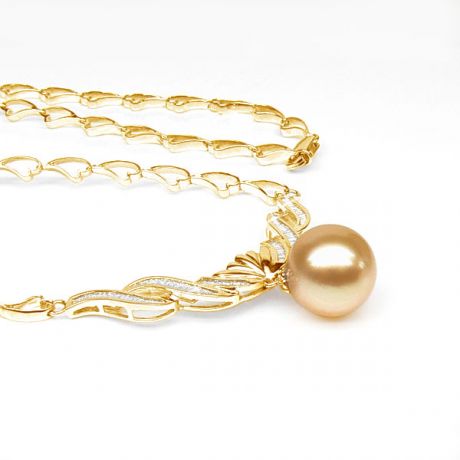 Collier maille coeur - Or jaune, diamants - Perle Australie dorée