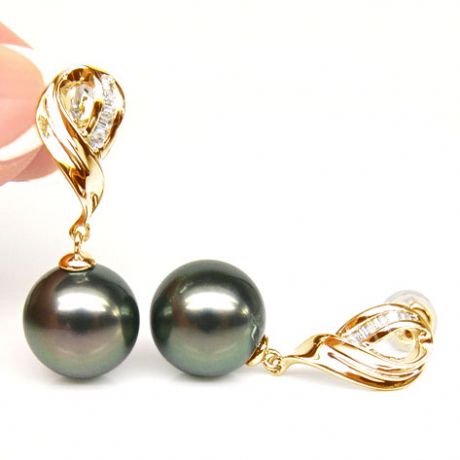 Boucles oreilles perles noires - Perle de Tahiti - Or jaune - Diamants sertis rails