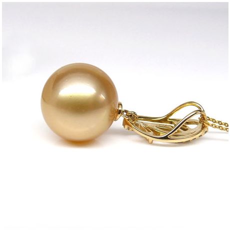 Pendentif feuilles d'or diamantées - Perle d'Australie dorée