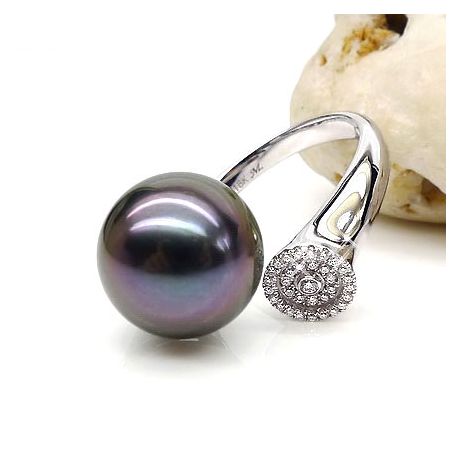 Bague perle de Tahiti verte aubergine - Or blanc, diamants micro-sertis