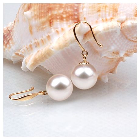 Boucles oreilles forme de crochet - Or jaune et perles blanches Chine