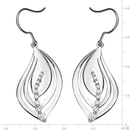 Crochet oreille or blanc - Boucles feuilles nervures serties diamants