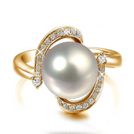 Bague voluptueuse or jaune et perle de culture blanche - Diamant pavé