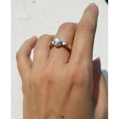 Solitaire anneau bombé - Or blanc & jaune - Couronne diamants 0.58ct | Jefferson