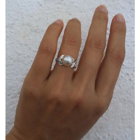 Bague fleur - Or blanc, Diamants - Perle de culture, Eau douce