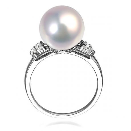 Bague double anneau lié or blanc - Perle de culture Chine - Diamants