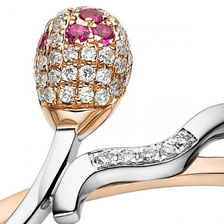 Bague 2 ors - Or blanc et rose - Allumette diamantée - Diamants, rubis