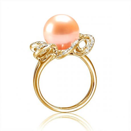 Bague fleur - Or jaune, diamants et perle rose