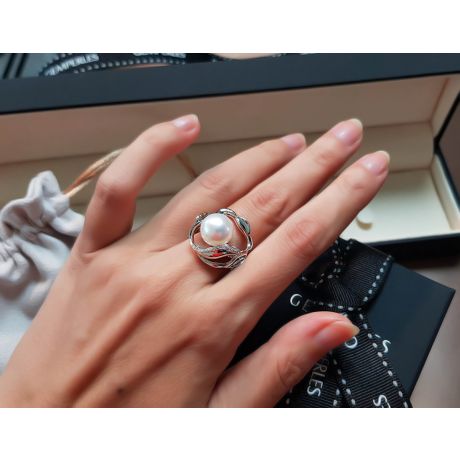 Bague fleur de lotus - Perle d'Australie blanche - Or blanc, diamants