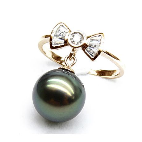 Bague noeud papillon - Perle de Tahiti mobile - Or jaune, diamants