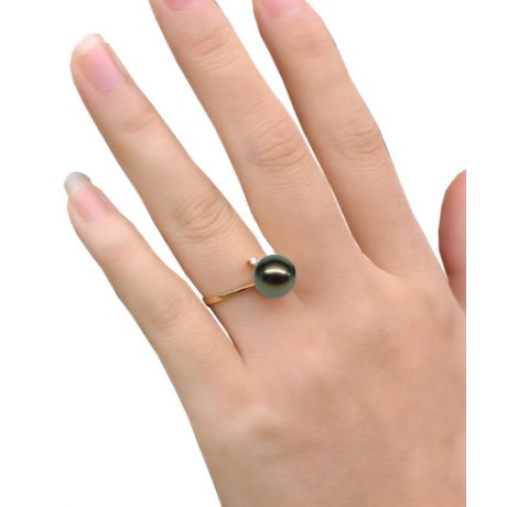 Bague Îles Gambier Perle de Tahiti noire. Or jaune, diamant