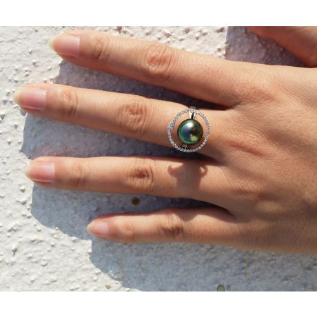 Bague diadème diamanté - Perle de Tahiti verte - Or blanc, diamants