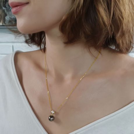 Pendentif classique - Perle de Tahiti grise foncée - Or jaune, diamant