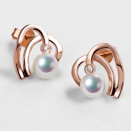 Boucles Coeur contemporain Or rose. Perles Akoya, Diamants. 
