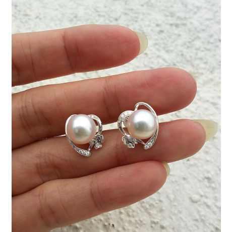 Boucles d'oreilles clous - Perles Akoya - Or blanc et Diamants