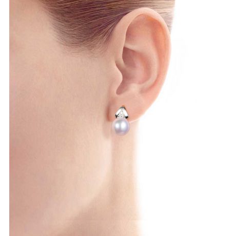 Boucles oreilles triangulaires. Perles Akoya Japon, Or blanc, Diamants