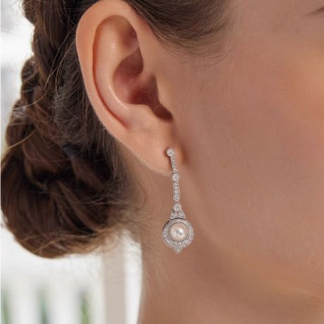 Boucles d'Oreilles Art Déco en Or Blanc 18 Carats et Perles Akoya - Géométria Préciosa