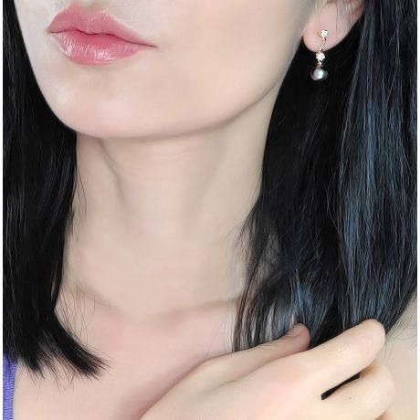 Boucles oreilles pendantes - Perles de Tahiti noires - Or jaune - Diamants