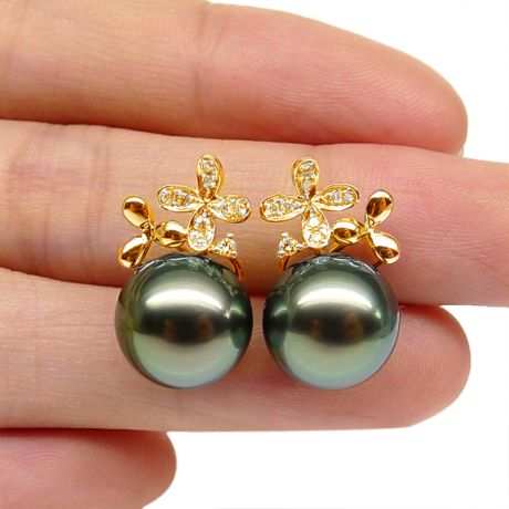 Boucles oreilles perles Tahiti motifs floraux - Or jaune, diamants