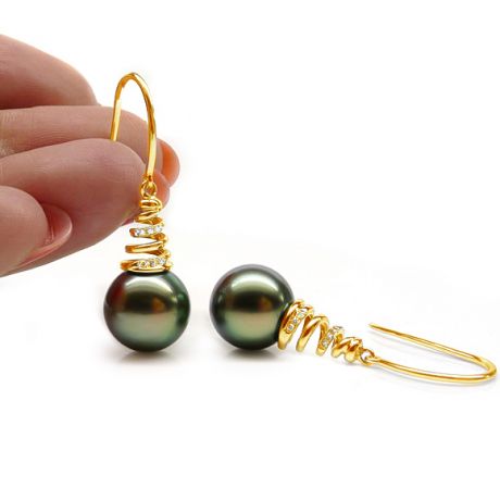 Boucles oreilles spirales torsadées - Perles de Tahiti, or jaune