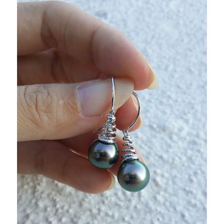 Boucles oreilles spirales torsadées - Perles de Tahiti, or blanc