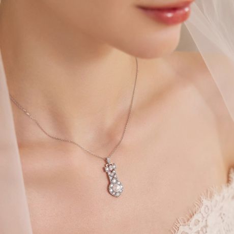 Pendentif Art Déco en Or Blanc et Perle Akoya AAA - Geometria Preciosa