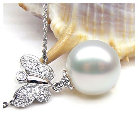 Pendentif papillon or blanc - Perle d'Australie blanche - Diamants