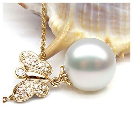 Pendentif papillon or jaune - Perle d'Australie blanche - Diamants