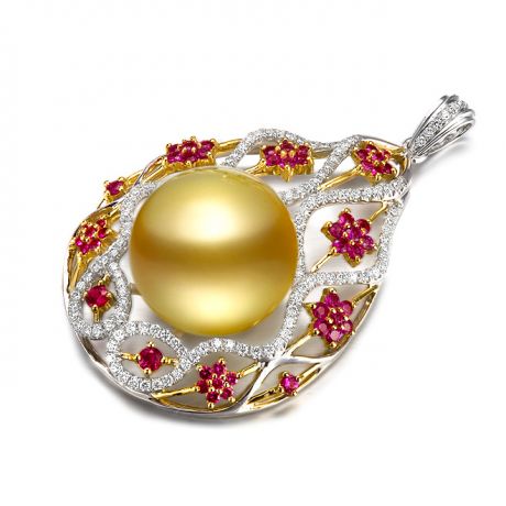 Pendentif souverain - Perle Australie - Deux ors, diamants, saphirs