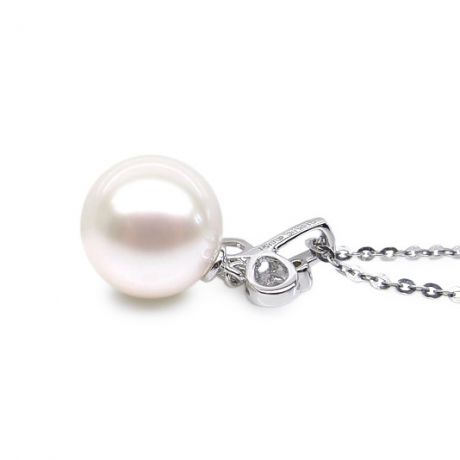 Pendentif brindille or blanc diamant clos - Perle blanche de culture