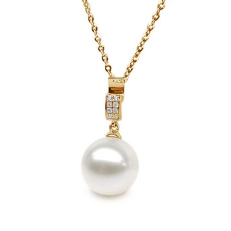 Pendentif bélière pavée 8 diamants - Or jaune, perle culture blanche