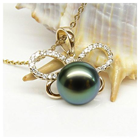 Pendentif papillon - Perle de Tahiti bronze foncée - Or jaune, diamants