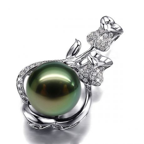 Pendentif la vie en rose - Perle de Tahiti - 2 roses or blanc, diamants