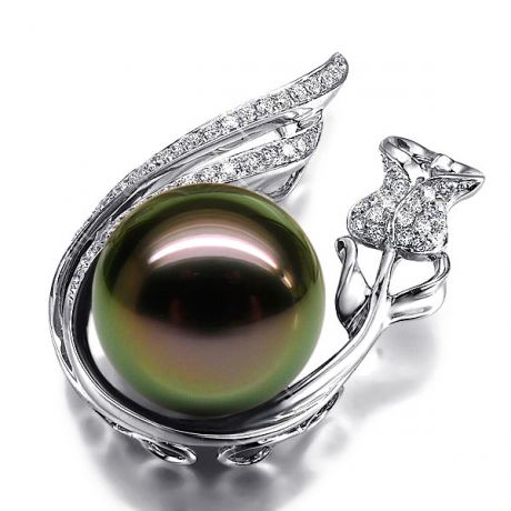 Pendentif rose - Perle Tahiti noire - Or blanc, diamants - La vie en rose