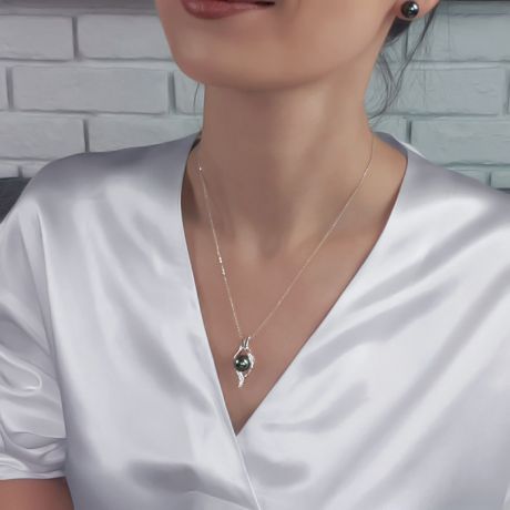 Pendentif barrettes incurvées or blanc - Perle de Tahiti, diamants