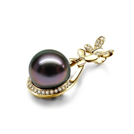  Pendentif papillon - Perle de Tahiti noire - Or jaune, diamants
