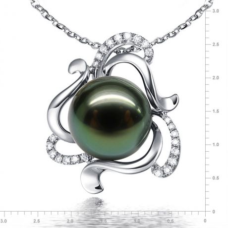 Pendentif perle de Tahiti verte 11/12mm - Or blanc et diamants