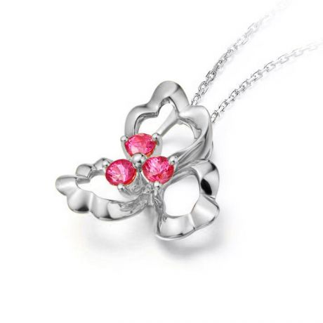 Pendentif fleur à 3 Pétales. Or blanc 18 carats. Rubis