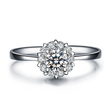 Solitaire bague or blanc - Coeur caillouté - Pavage diamants 0.33ct