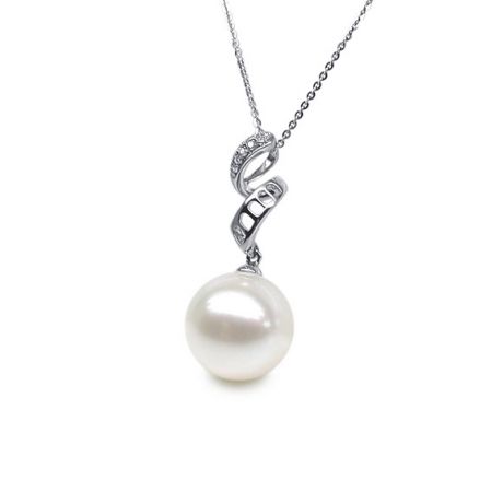 Pendentif tortillon serpentin - Or blanc, diamants - Perle blanche