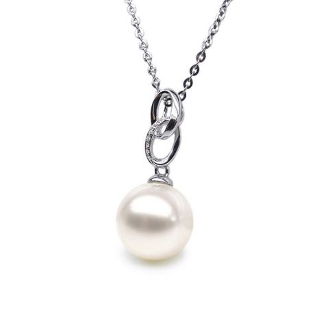 Pendentif 2 anneaux monté d'une perle blanche - Or blanc, diamants